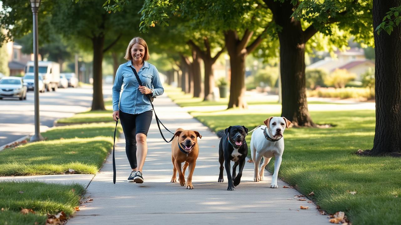 Professional dog walker walking dogs outdoors