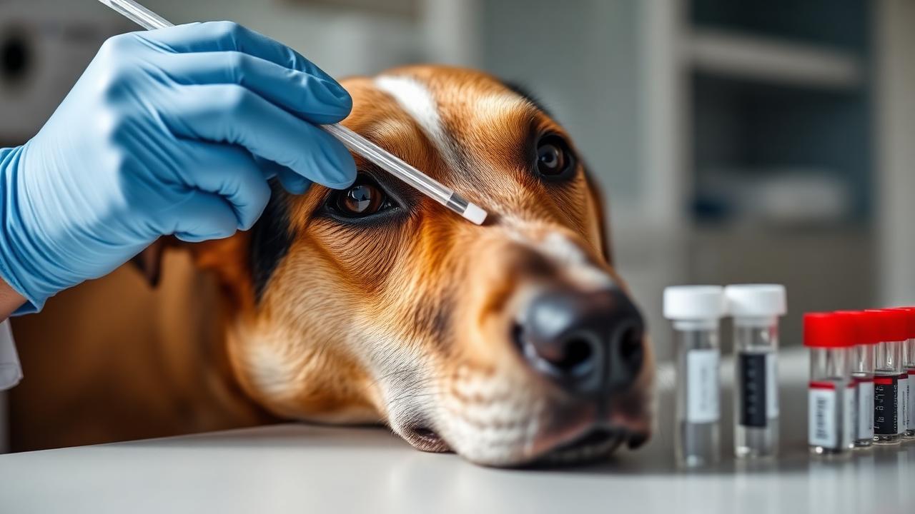 Technician taking a cheek swab DNA sample from a dog
