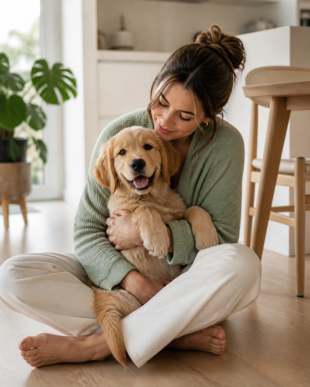 A woman sitting on the floor at home cuddling her golden retriever puppy