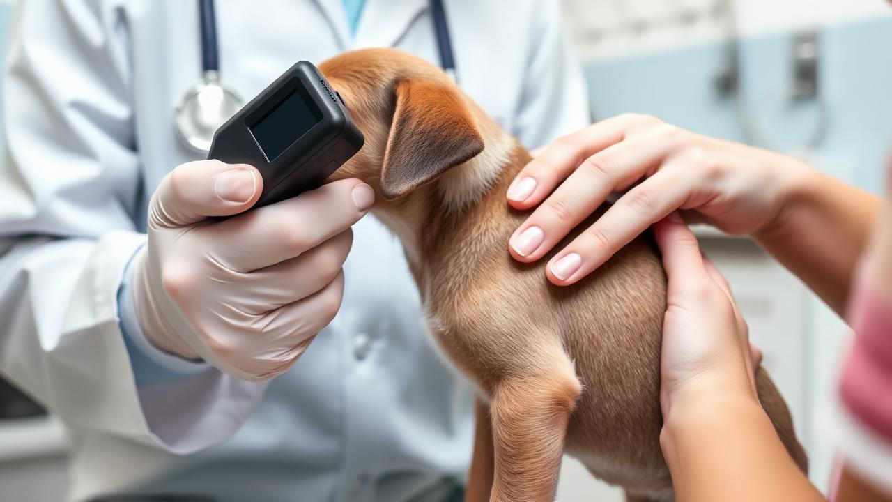 Veterinarian scanning a puppy for a microchip